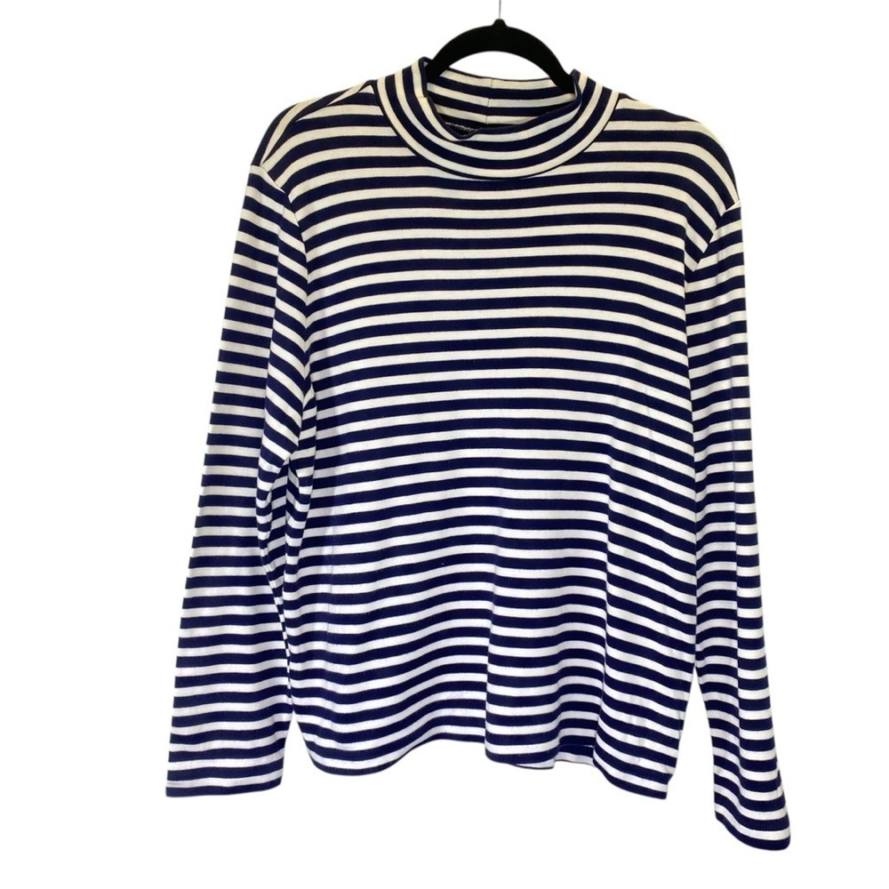 KIM ROGERS Women's size XLP Long Sleeve Mock neck Navy white stripe cotton top